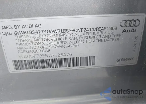 2007 Audi A4 2.0T from USA, damaged, VIN WAUDF78E57A126476